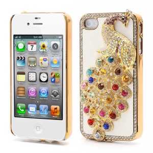 Bling Diamond 3D Peacock Leather Coated Plated Hard Case for iPhone 4 4S - White