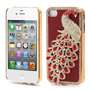 Bling Diamond 3D Peacock Leather Coated Plated Hard Case for iPhone 4 4S - Red