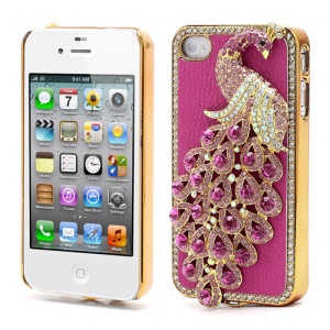 Bling Diamond 3D Peacock Leather Coated Plated Hard Case for iPhone 4 4S - Rose