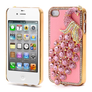 Bling Diamond 3D Peacock Leather Coated Plated Hard Case for iPhone 4 4S - Pink