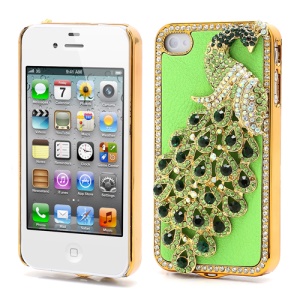 Bling Diamond 3D Peacock Leather Coated Plated Hard Case for iPhone 4 4S - Green