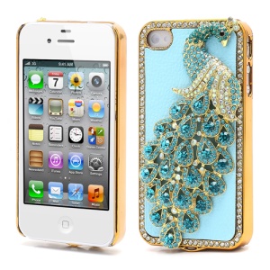 Bling Diamond 3D Peacock Leather Coated Plated Hard Case for iPhone 4 4S - Baby Blue