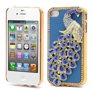 Bling Diamond 3D Peacock Leather Coated Plated Hard Case for iPhone 4 4S - Dark Blue