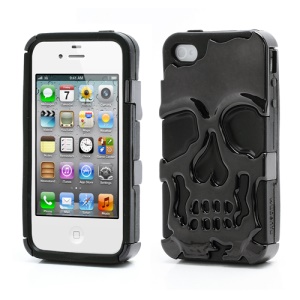 Skeleton Skull Head Silicone & Plastic Plating Hybrid Case for iPhone 4 4S - Black