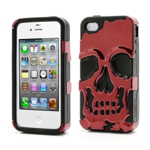Skeleton Skull Head Silicone & Plastic Plating Hybrid Case for iPhone 4 4S - Black / Red