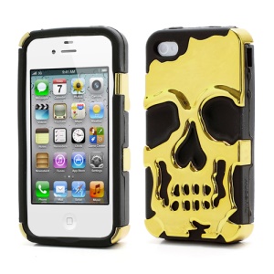 Skeleton Skull Head Silicone & Plastic Plating Hybrid Case for iPhone 4 4S - Black / Gold