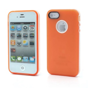 Detachable Plastic Frame Matte TPU Gel Case w/ Apple Logo Cutout for iPhone 4 4S - White / Orange