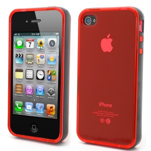 Transparent TPU Gel Case Cover w/ Removable Plastic Rim for iPhone 4 4S - Transparent Red / Black Rim