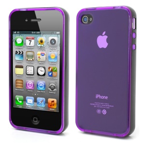 Transparent TPU Gel Case Cover w/ Removable Plastic Rim for iPhone 4 4S - Transparent Purple / Black Rim