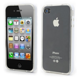 Transparent TPU Gel Case Cover w/ Removable Plastic Rim for iPhone 4 4S - Transparent / White Rim