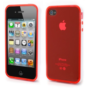 Transparent TPU Gel Case Cover w/ Removable Plastic Rim for iPhone 4 4S - Transparent Red / White Rim