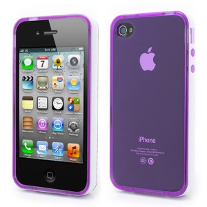Transparent TPU Gel Case Cover w/ Removable Plastic Rim for iPhone 4 4S - Transparent Purple / White Rim