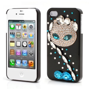 Sparkling Rhinestone Cute Cat Diamond Hard Case for iPhone 4 4S - Black
