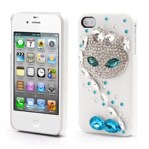 Sparkling Rhinestone Cute Cat Diamond Hard Case for iPhone 4 4S - White