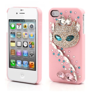 Sparkling Rhinestone Cute Cat Diamond Hard Case for iPhone 4 4S - Pink