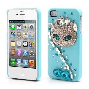 Sparkling Rhinestone Cute Cat Diamond Hard Case for iPhone 4 4S - Blue