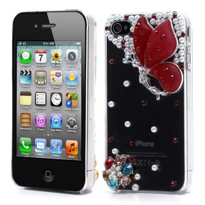Vivid 3D Butterfly Rhinestone Pearl Crystal Hard Case Shell for iPhone 4 4S - Red