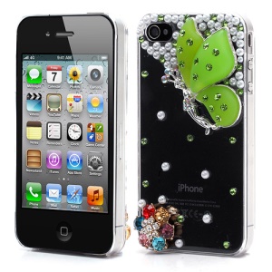 Vivid 3D Butterfly Rhinestone Pearl Crystal Hard Case Shell for iPhone 4 4S - Green