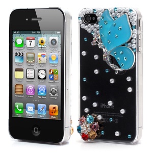 Vivid 3D Butterfly Rhinestone Pearl Crystal Hard Case Shell for iPhone 4 4S - Blue