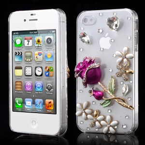 3D Rose Flower Bling Rhinestone Crystal Case Cover for iPhone 4 4S - Rose Color