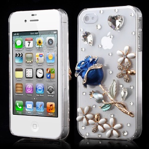 3D Rose Flower Bling Rhinestone Crystal Case Cover for iPhone 4 4S - Blue
