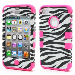 Zebra Stripe Plastic &amp; Silicone Hybrid Case Cover for iPhone 4 4S - Rose