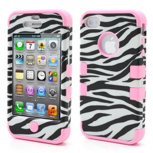 Zebra Stripe Plastic &amp; Silicone Hybrid Case Cover for iPhone 4 4S - Pink