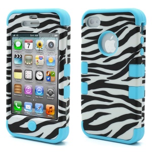 Zebra Stripe Plastic &amp; Silicone Hybrid Case Cover for iPhone 4 4S - Blue