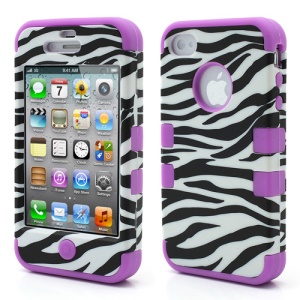 Zebra Stripe Plastic &amp; Silicone Hybrid Case Cover for iPhone 4 4S - Purple