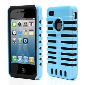 Microphone Dual Layer Silicone &amp; PC Case Cover for iPhone 4 4S - Black / Baby Blue