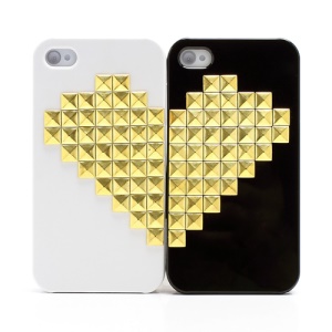 2Pcs Valentine Lovers Couple Golden Heart Pyramid Stud Rivet Hard Case for iPhone 4 4S