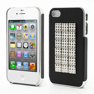 Pyramid Studs Punk Style Leather Coated Protective Hard Case for iPhone 4 4S - Silver / Black