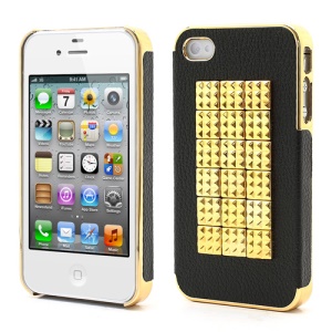 Pyramid Studs Punk Style Leather Coated Protective Hard Case for iPhone 4 4S - Gold / Black