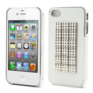 Pyramid Studs Punk Style Leather Coated Protective Hard Case for iPhone 4 4S - Silver / White