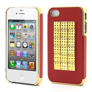 Pyramid Studs Punk Style Leather Coated Protective Hard Case for iPhone 4 4S - Gold / Red