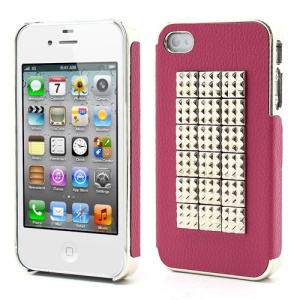 Pyramid Studs Punk Style Leather Coated Protective Hard Case for iPhone 4 4S - Silver / Rose