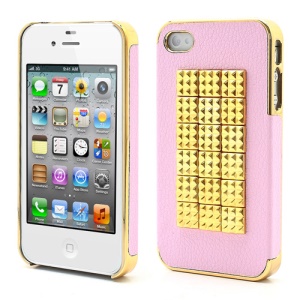 Pyramid Studs Punk Style Leather Coated Protective Hard Case for iPhone 4 4S - Gold / Pink