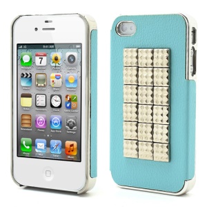 Pyramid Studs Punk Style Leather Coated Protective Hard Case for iPhone 4 4S - Silver / Baby Blue