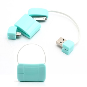 Newest Handbag 30 Pin + Micro USB Data Charge Cable for iPad iPhone 4 4S Samsung HTC LG etc - Cyan