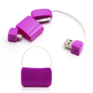 Newest Handbag 30 Pin + Micro USB Data Charge Cable for iPad iPhone 4 4S Samsung HTC LG etc - Purple