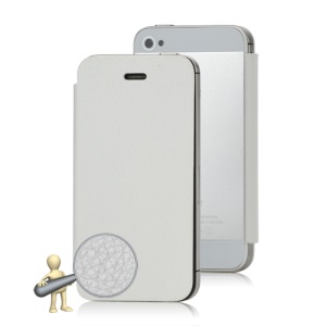 Matte iPhone 4S Back Cover Housing w/ Leather Skin Front Flip Case - White / Silver