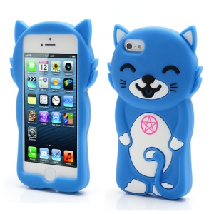 3D Smiley Cat Soft Silicone Gel Jelly Case Shell for iPhone 5 - Blue