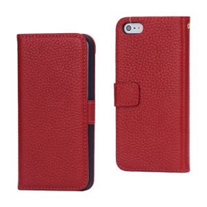 Magnetic Folio Litchi Grain Genuine Leather Case Cover for iPhone 5 - Red