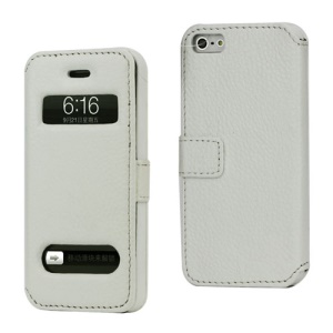 Magnetic Lychee Genuine Leather Case Cover with Functional Cutouts for iPhone 5 - White