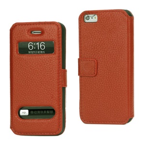 Magnetic Lychee Genuine Leather Case Cover with Functional Cutouts for iPhone 5 - Orange