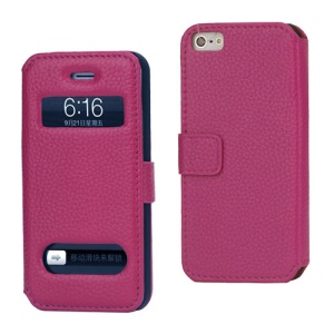 Magnetic Lychee Genuine Leather Case Cover with Functional Cutouts for iPhone 5 - Rose