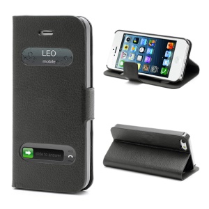 Litchi Grain Display Caller ID Folio Leather Case with Stand for iPhone 5 - Black