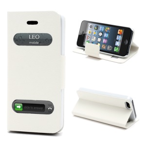 Litchi Grain Display Caller ID Folio Leather Case with Stand for iPhone 5 - White