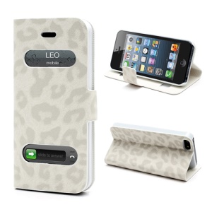 Table Talk Caller ID Leopard Leather Folio Stand Case Cover for iPhone 5 - White