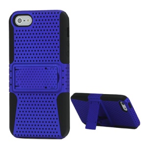 Perforated Mesh Plastic & Silicone Hybrid Case with Stand for iPhone 5 - Black / Blue